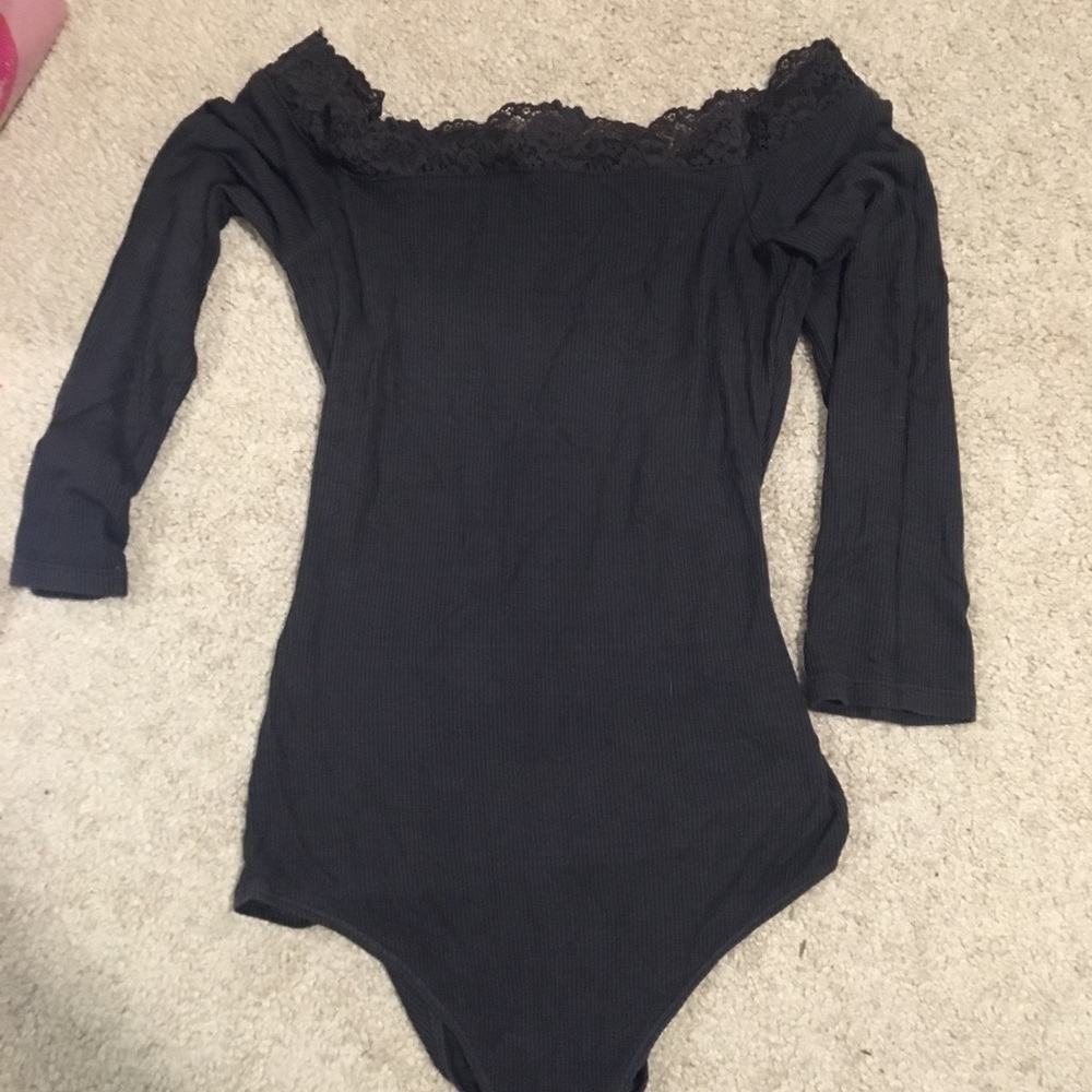Black lace off the shoulder ribbed body suit
